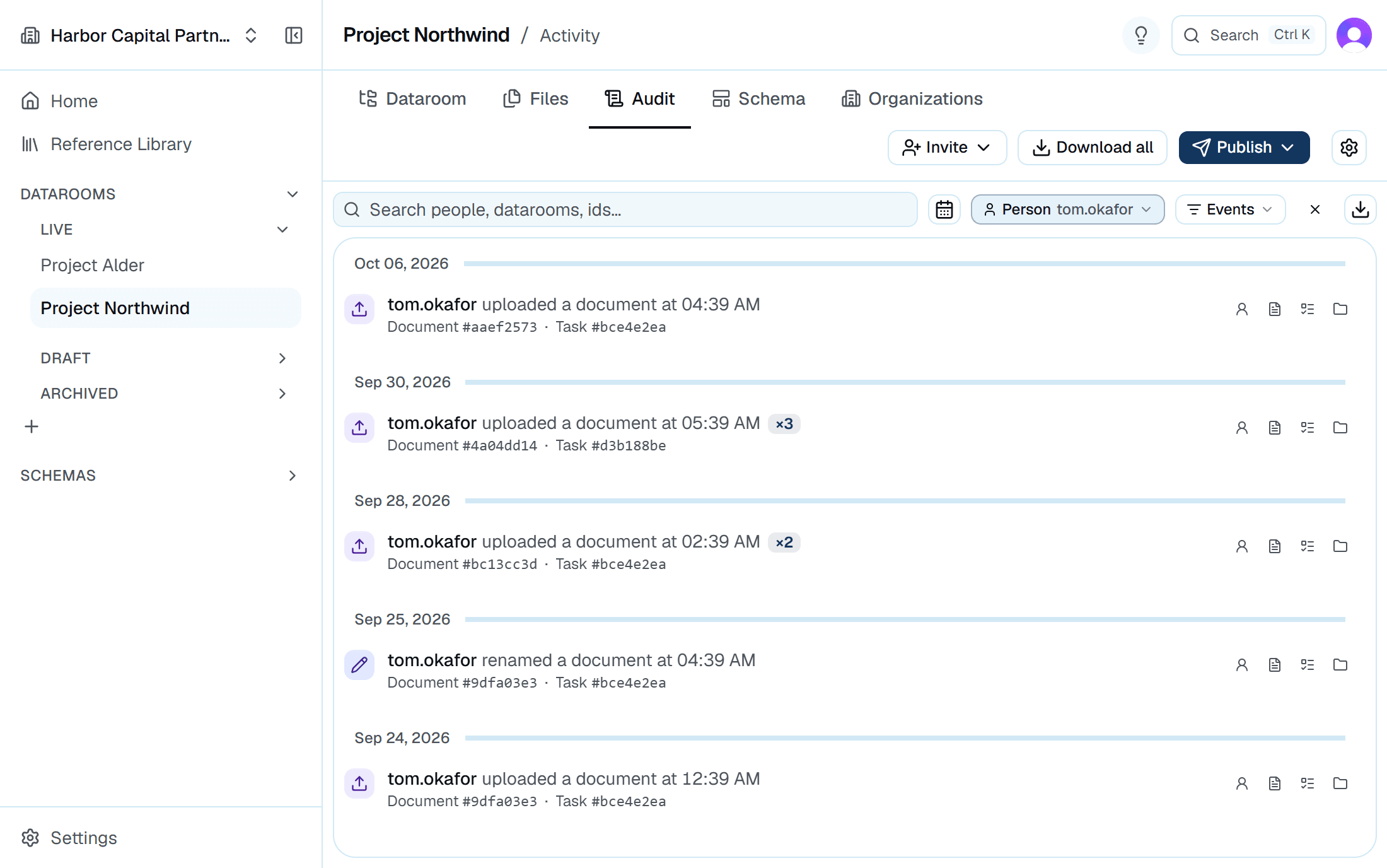 The audit log with filters applied